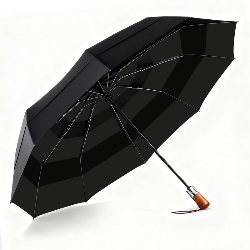 MasterUmbrella 3-Layer Vented Canopy Windproof Commuter Umbrella for Rain, Auto Open/Close, 10 Fiberglass Ribs, Wooden Handle, 13" Folded, 47" Large Coverage for 1–2 People, Lifetime Replacement - Image 1